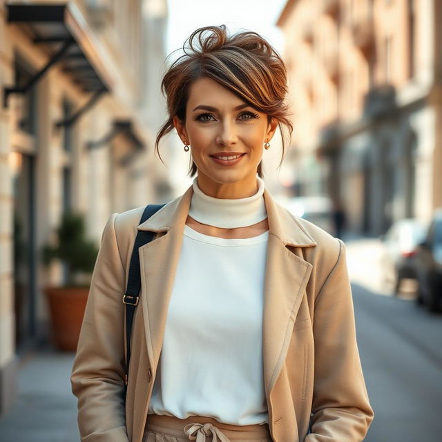 A full-body portrait of an attractive 45-year-old Russian woman with a chic and modern hairstyle, standing confidently