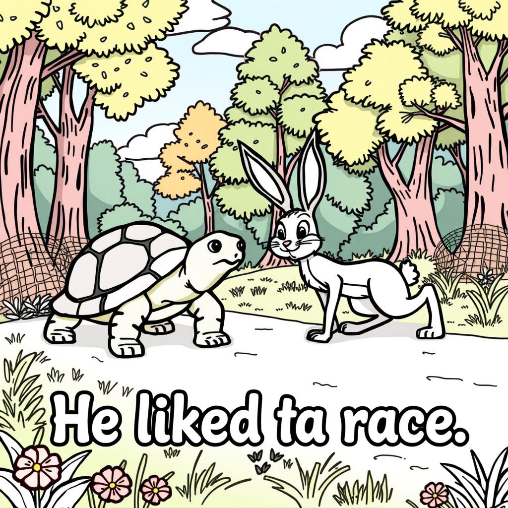 An illustration for a coloring page depicting the story of 'The Tortoise and the Hare'