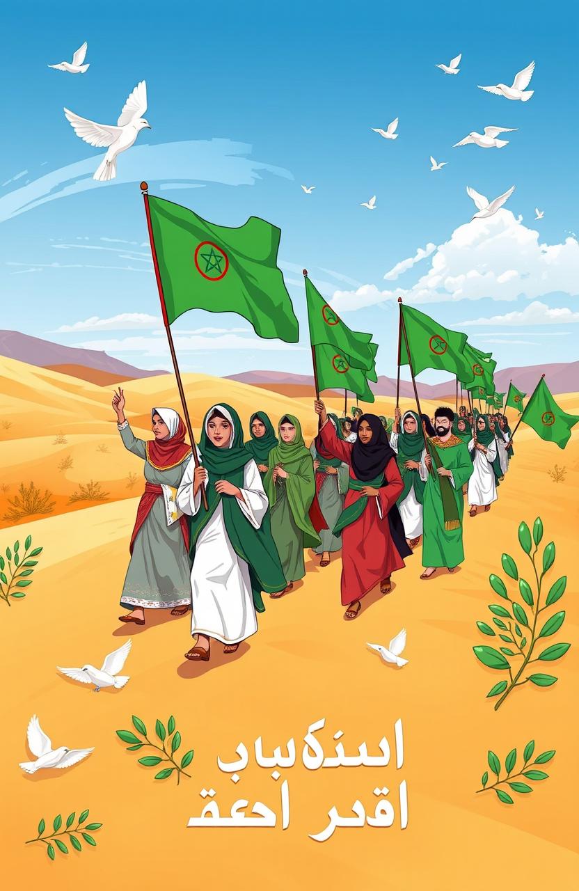 A vibrant illustration depicting the Green March (المسيرة الخضراء), showcasing a peaceful procession of people carrying green flags with a beautiful desert landscape in the background