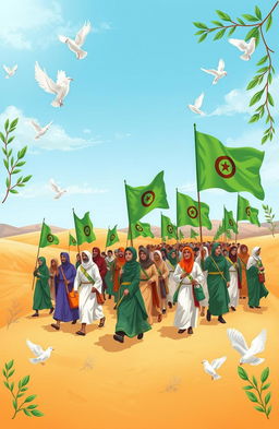 A vibrant illustration depicting the Green March (المسيرة الخضراء), showcasing a peaceful procession of people carrying green flags with a beautiful desert landscape in the background