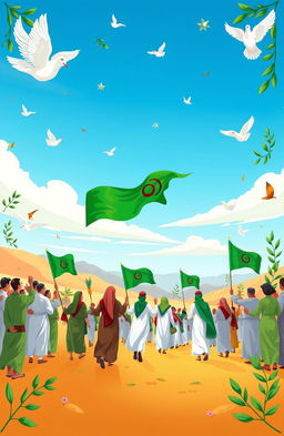 A vibrant illustration depicting the Green March (المسيرة الخضراء), showcasing a peaceful procession of people carrying green flags with a beautiful desert landscape in the background