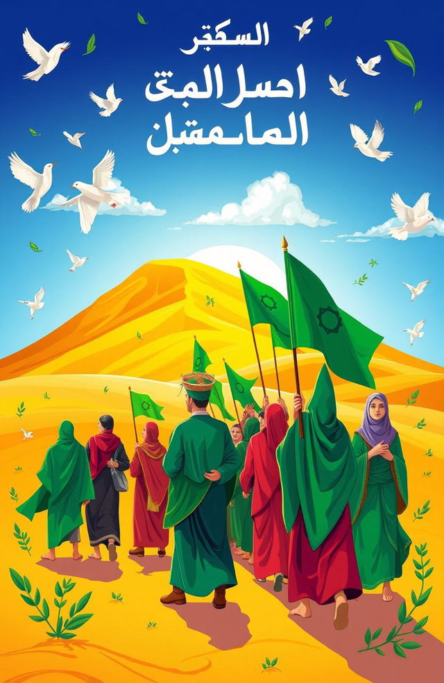 A vibrant illustration depicting the Green March (المسيرة الخضراء), showcasing a peaceful procession of people carrying green flags with a beautiful desert landscape in the background