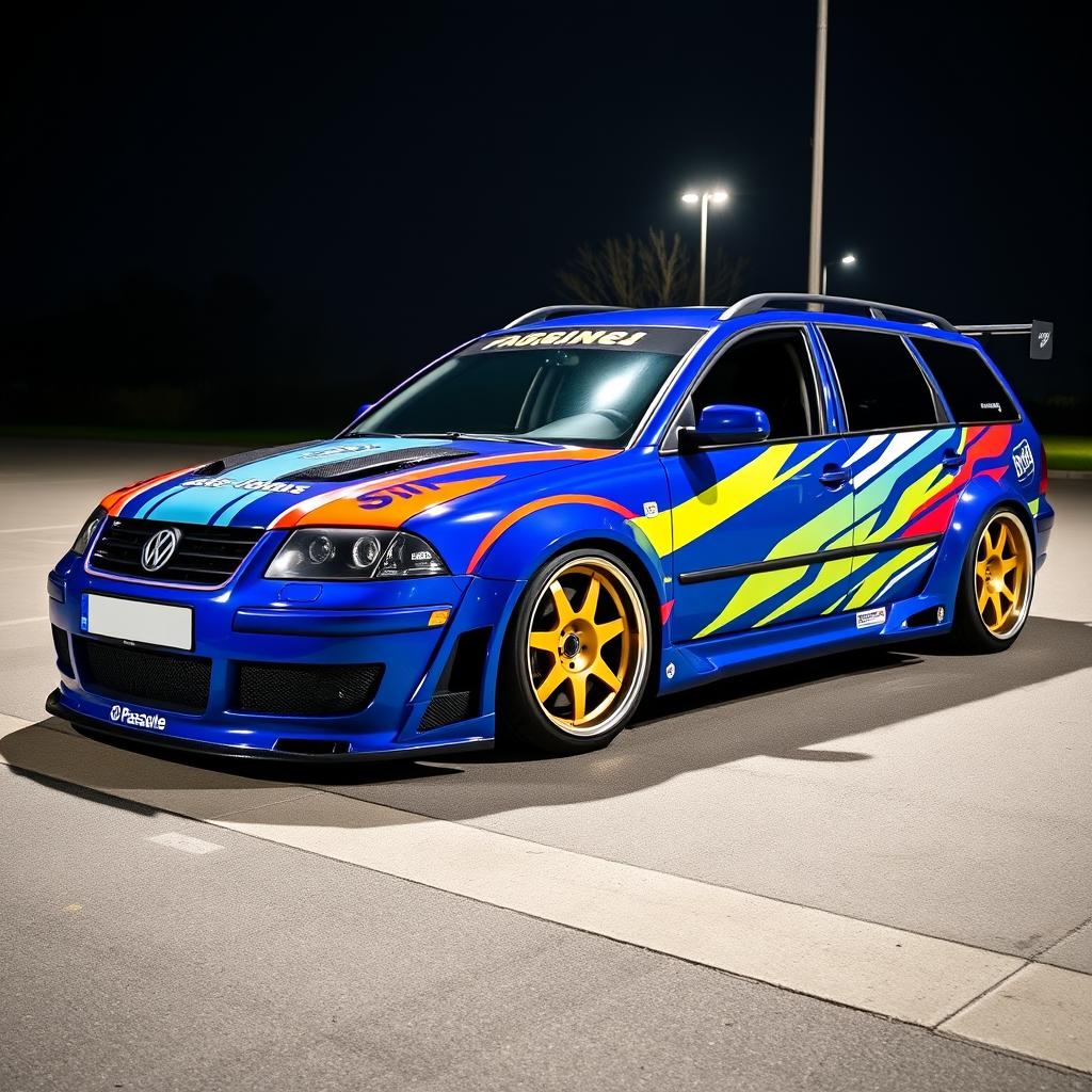 A blue 2001 VW Passat R36 L Wagon, styled as a drift car featuring a wide body kit and gender flares