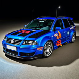 A blue 2001 VW Passat R36 L Wagon, styled as a drift car featuring a wide body kit and gender flares
