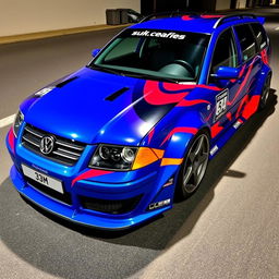 A blue 2001 VW Passat R36 L Wagon, styled as a drift car featuring a wide body kit and gender flares