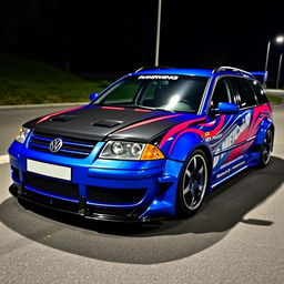 A blue 2001 VW Passat R36 L Wagon, styled as a drift car featuring a wide body kit and gender flares