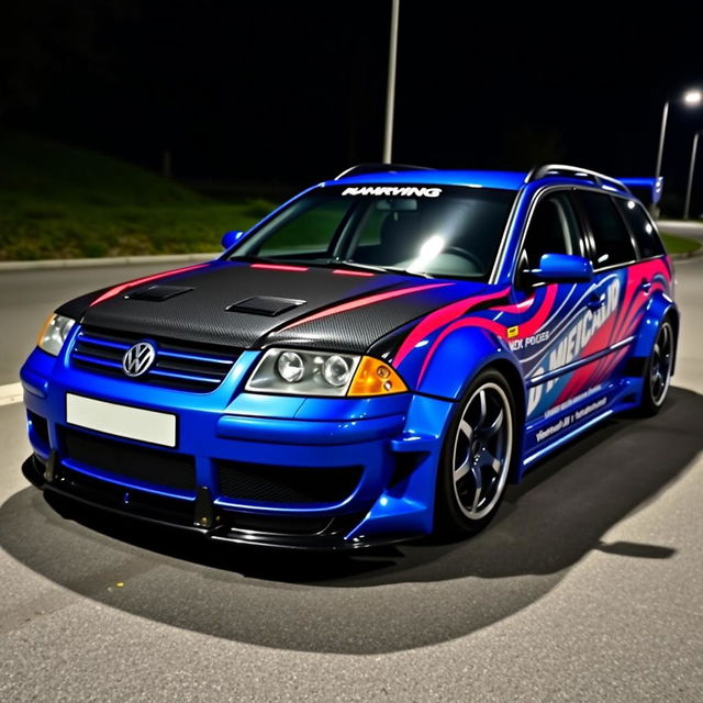 A blue 2001 VW Passat R36 L Wagon, styled as a drift car featuring a wide body kit and gender flares