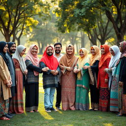 A vibrant scene depicting a diverse group of Muslim people standing together in a complete circle, holding hands