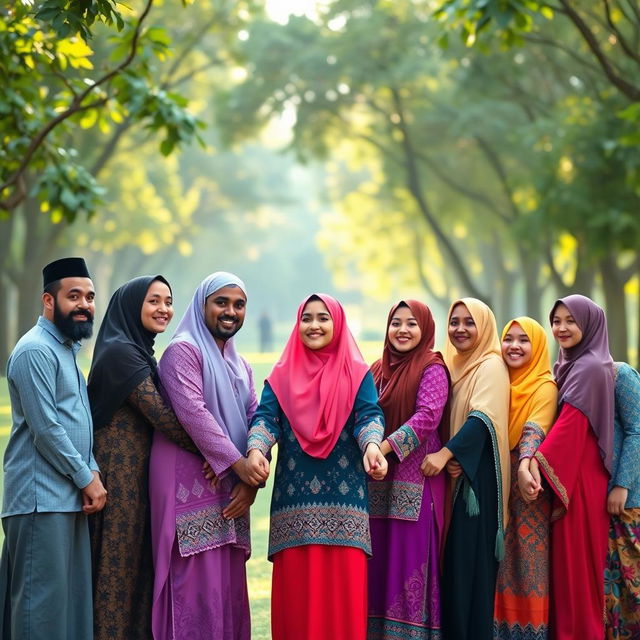 A vibrant scene depicting a diverse group of Muslim people standing together in a complete circle, holding hands