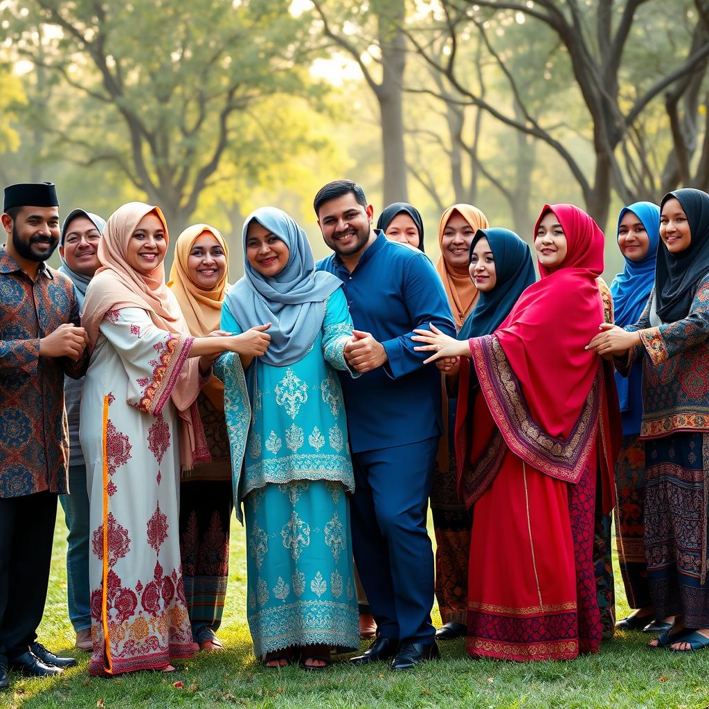 A vibrant scene depicting a diverse group of Muslim people standing together in a complete circle, holding hands