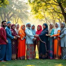 A vibrant scene depicting a diverse group of Muslim people standing together in a complete circle, holding hands