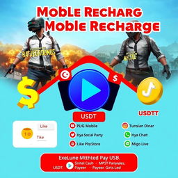 An eye-catching advertisement image for mobile gaming recharge services featuring popular games like PUBG Mobile and Free Fire, along with applications such as Bigo Live, Social Party, Hya Chat, TikTok, Like, and Migo Live