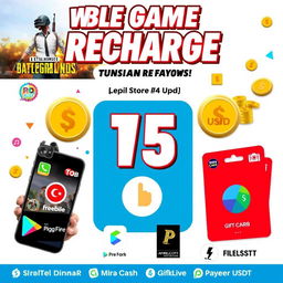 An eye-catching advertisement image for mobile gaming recharge services featuring popular games like PUBG Mobile and Free Fire, along with applications such as Bigo Live, Social Party, Hya Chat, TikTok, Like, and Migo Live