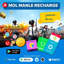 An eye-catching advertisement image for mobile gaming recharge services featuring popular games like PUBG Mobile and Free Fire, along with applications such as Bigo Live, Social Party, Hya Chat, TikTok, Like, and Migo Live
