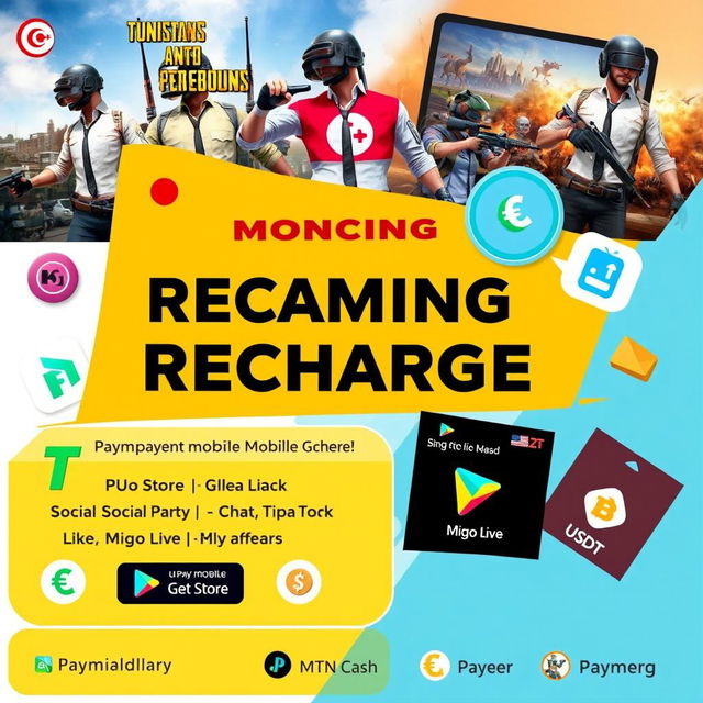 An eye-catching advertisement image for mobile gaming recharge services featuring popular games like PUBG Mobile and Free Fire, along with applications such as Bigo Live, Social Party, Hya Chat, TikTok, Like, and Migo Live