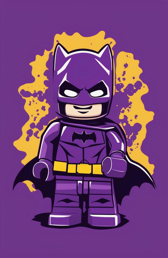 This is a high-quality digital art image of a vibrant purple graphic t-shirt featuring a playful print of Lego Batman in his iconic suit and pose