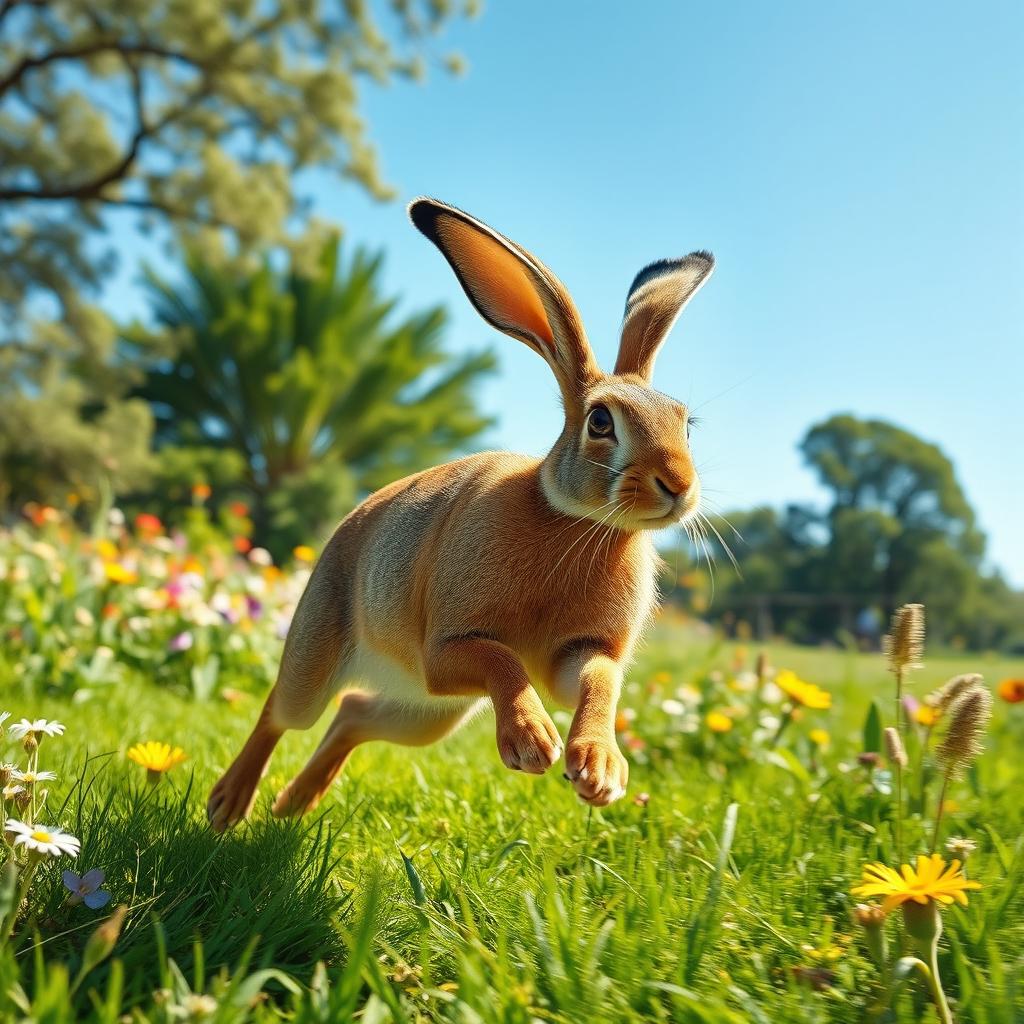 A dynamic scene of a hare sprinting through a lush green meadow, with its long ears flopping in the wind and its powerful legs creating a blur of motion