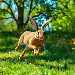 A dynamic scene of a hare sprinting through a lush green meadow, with its long ears flopping in the wind and its powerful legs creating a blur of motion