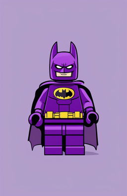 This is a high-quality digital art image of a vibrant purple graphic t-shirt featuring a playful print of Lego Batman in his iconic suit and pose