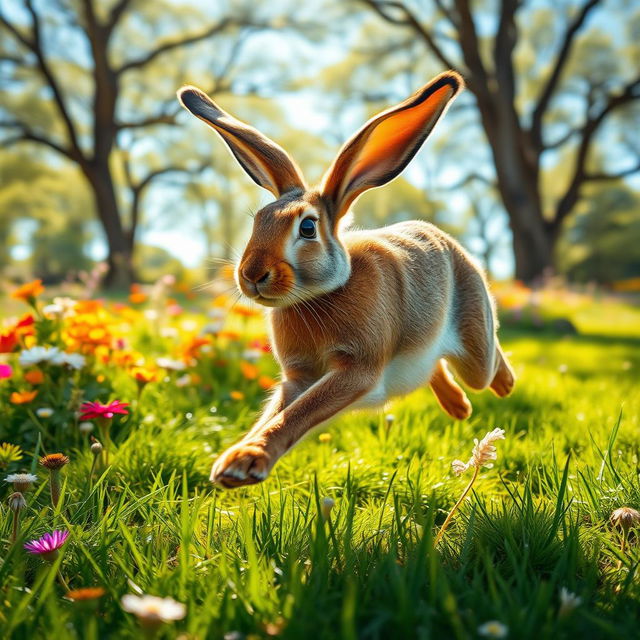 A dynamic scene of a hare sprinting through a lush green meadow, with its long ears flopping in the wind and its powerful legs creating a blur of motion