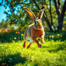 A dynamic scene of a hare sprinting through a lush green meadow, with its long ears flopping in the wind and its powerful legs creating a blur of motion