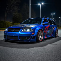 A blue 2001 Volkswagen Passat R36 L wagon, modified as a drift car, featuring a wide body kit, gender flair accents, a striking racing livery, a carbon fiber hood, and aggressive aerodynamic enhancements