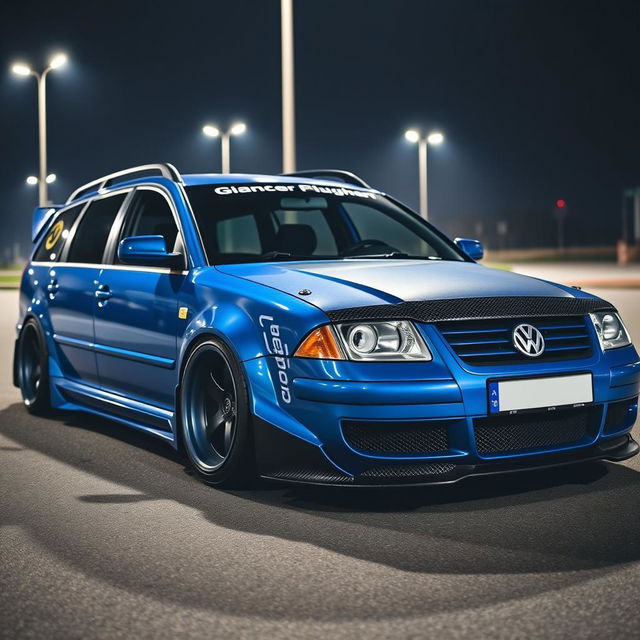 A blue 2001 Volkswagen Passat R36 L wagon, modified as a drift car, featuring a wide body kit, gender flair accents, a striking racing livery, a carbon fiber hood, and aggressive aerodynamic enhancements