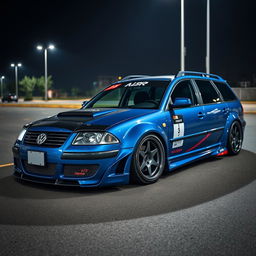 A blue 2001 Volkswagen Passat R36 L wagon, modified as a drift car, featuring a wide body kit, gender flair accents, a striking racing livery, a carbon fiber hood, and aggressive aerodynamic enhancements