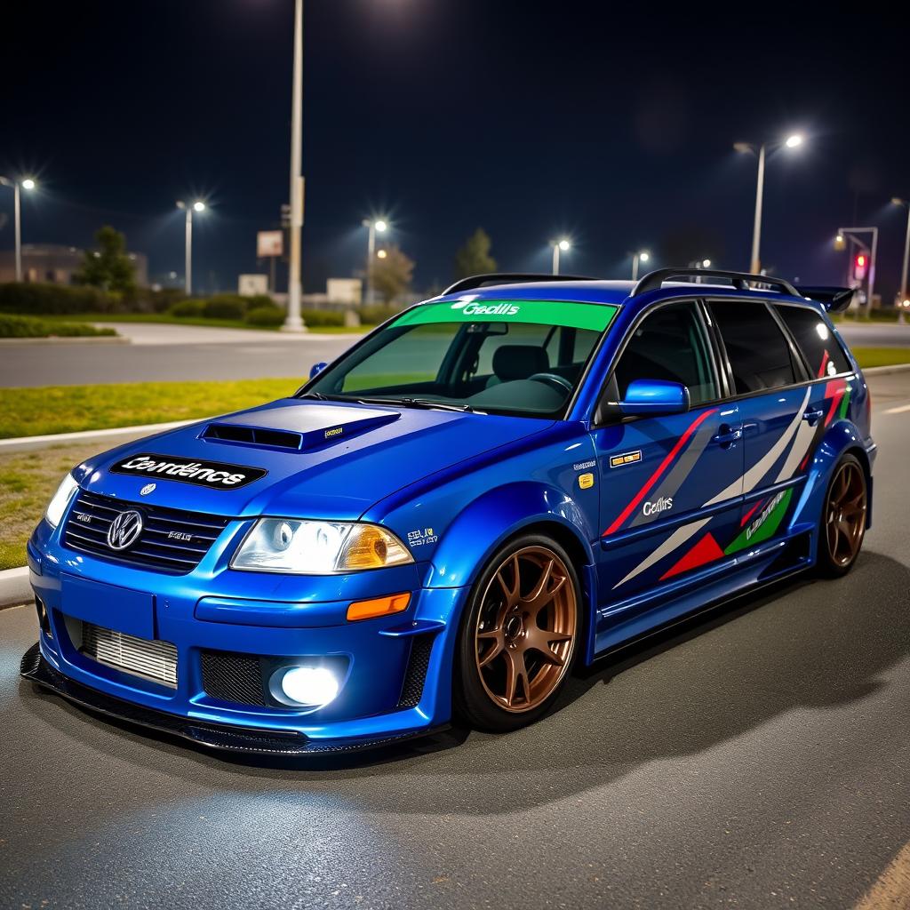 A blue 2001 Volkswagen Passat R36 L wagon, modified as a drift car, featuring a wide body kit, gender flair accents, a striking racing livery, a carbon fiber hood, and aggressive aerodynamic enhancements