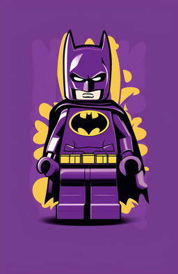 This is a high-quality digital art image of a vibrant purple graphic t-shirt featuring a playful print of Lego Batman in his iconic suit and pose