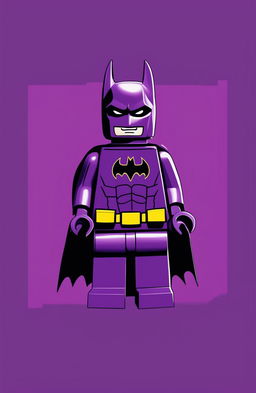 This is a high-quality digital art image of a vibrant purple graphic t-shirt featuring a playful print of Lego Batman in his iconic suit and pose