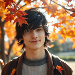 A handsome young man with silky black hair and striking gray eyes, sporting a beautiful smile
