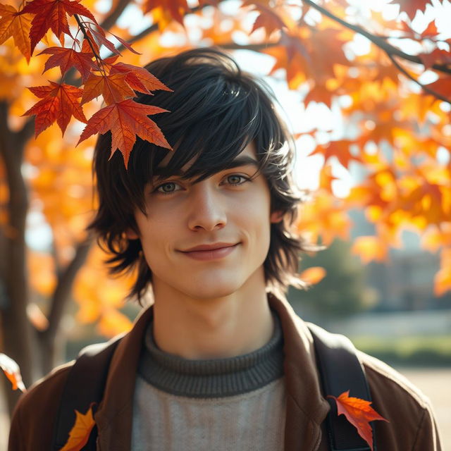 A handsome young man with silky black hair and striking gray eyes, sporting a beautiful smile