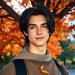 A handsome young man with silky black hair and striking gray eyes, sporting a beautiful smile