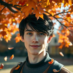 A handsome young man with silky black hair and striking gray eyes, sporting a beautiful smile