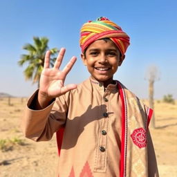 A joyful young boy wearing a traditional Sindhi ajrak shawl and a colorful Sindhi topi (cap), showcasing a big smile on his face