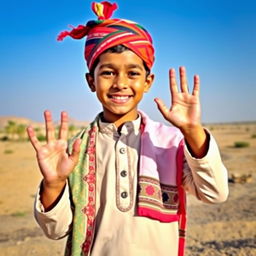 A joyful young boy wearing a traditional Sindhi ajrak shawl and a colorful Sindhi topi (cap), showcasing a big smile on his face