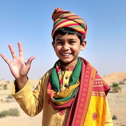 A joyful young boy wearing a traditional Sindhi ajrak shawl and a colorful Sindhi topi (cap), showcasing a big smile on his face