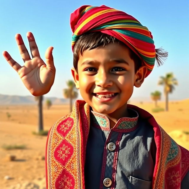 A joyful young boy wearing a traditional Sindhi ajrak shawl and a colorful Sindhi topi (cap), showcasing a big smile on his face