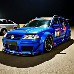 A blue 2001 VW Passat R36 L Wagon styled as a drift car, featuring a wide body with gender flares, an eye-catching racing livery, and a sleek carbon hood