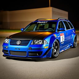 A blue 2001 VW Passat R36 L Wagon styled as a drift car, featuring a wide body with gender flares, an eye-catching racing livery, and a sleek carbon hood