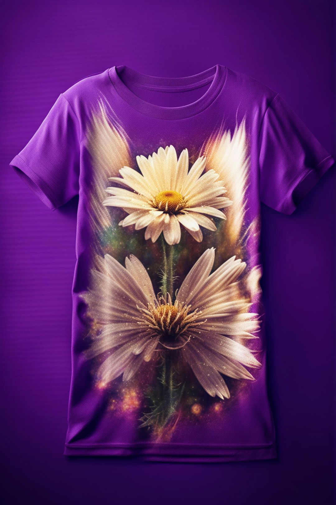 This is a high-quality digital art image of a vibrant purple graphic t-shirt featuring a detailed, lifelike print of a bright white daisy with a sunny yellow center