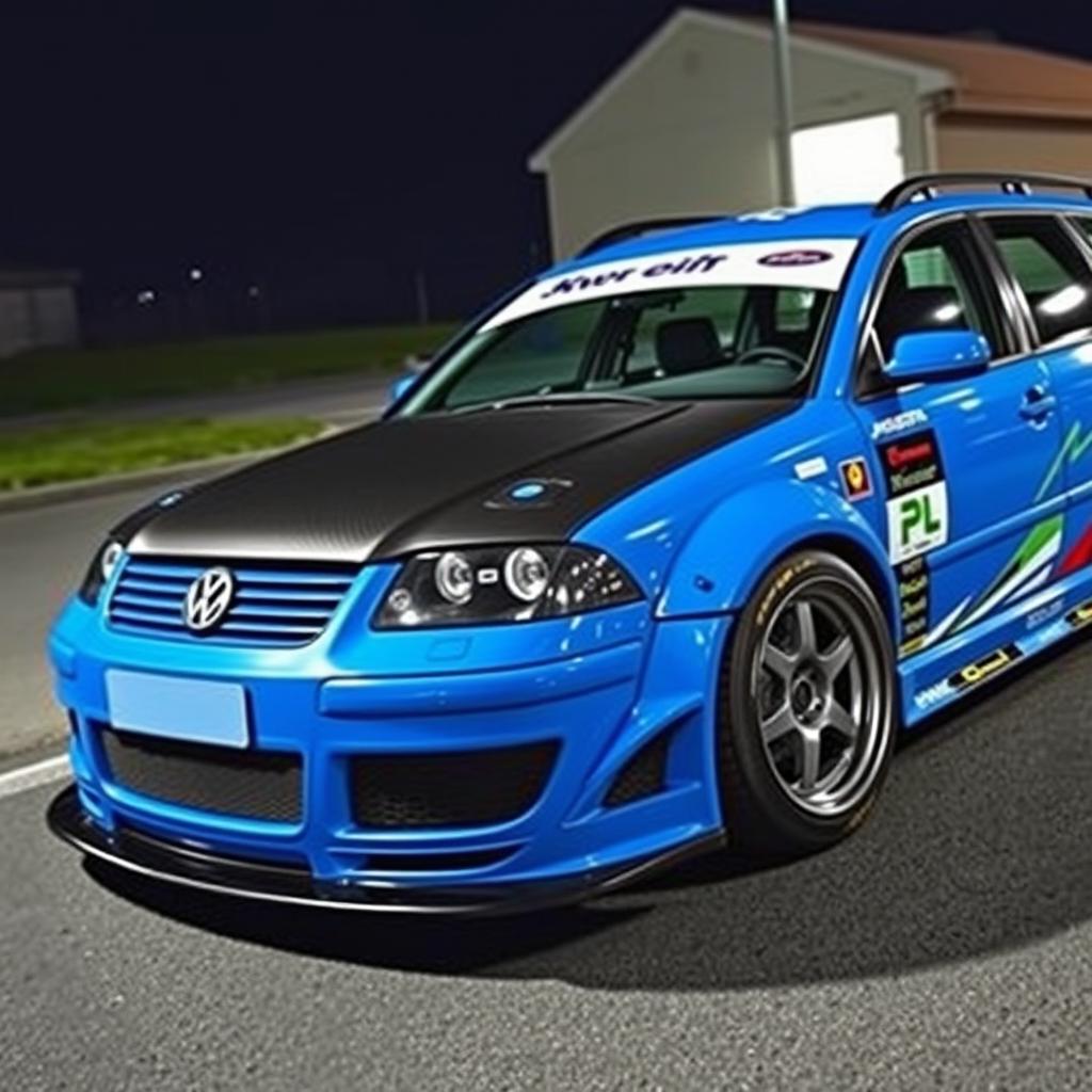 A blue 2001 VW Passat R36 L Wagon styled as a drift car, featuring a wide body with gender flares, an eye-catching racing livery, and a sleek carbon hood