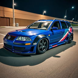 A blue 2001 VW Passat R36 L Wagon styled as a drift car, featuring a wide body with gender flares, an eye-catching racing livery, and a sleek carbon hood