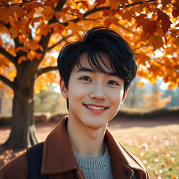 A handsome young man with Korean-style black hair and striking gray eyes, wearing a beautiful smile