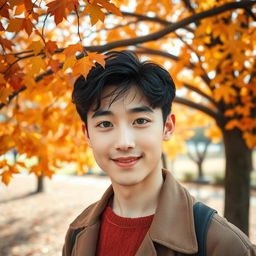 A handsome young man with Korean-style black hair and striking gray eyes, wearing a beautiful smile