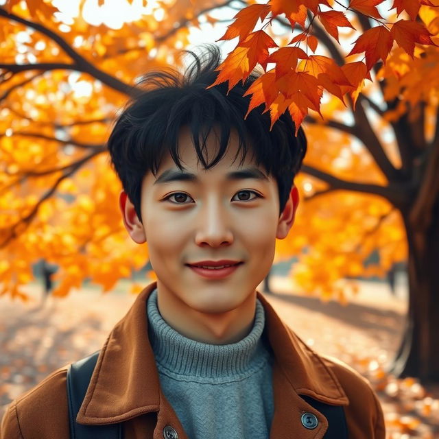 A handsome young man with Korean-style black hair and striking gray eyes, wearing a beautiful smile