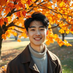A handsome young man with Korean-style black hair and striking gray eyes, wearing a beautiful smile