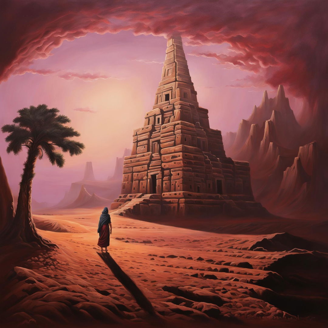 This is an oil painting of a secluded desert oasis at twilight, featuring a crumbling temple and a solitary figure contemplating the ruins