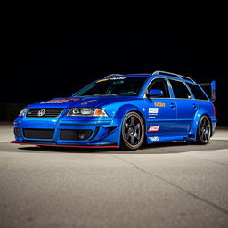 A blue 2001 VW Passat R36 L wagon, modified as a drift car with wide fender flares, an eye-catching drifting livery, a carbon fiber hood, and an aggressive aerodynamic body kit